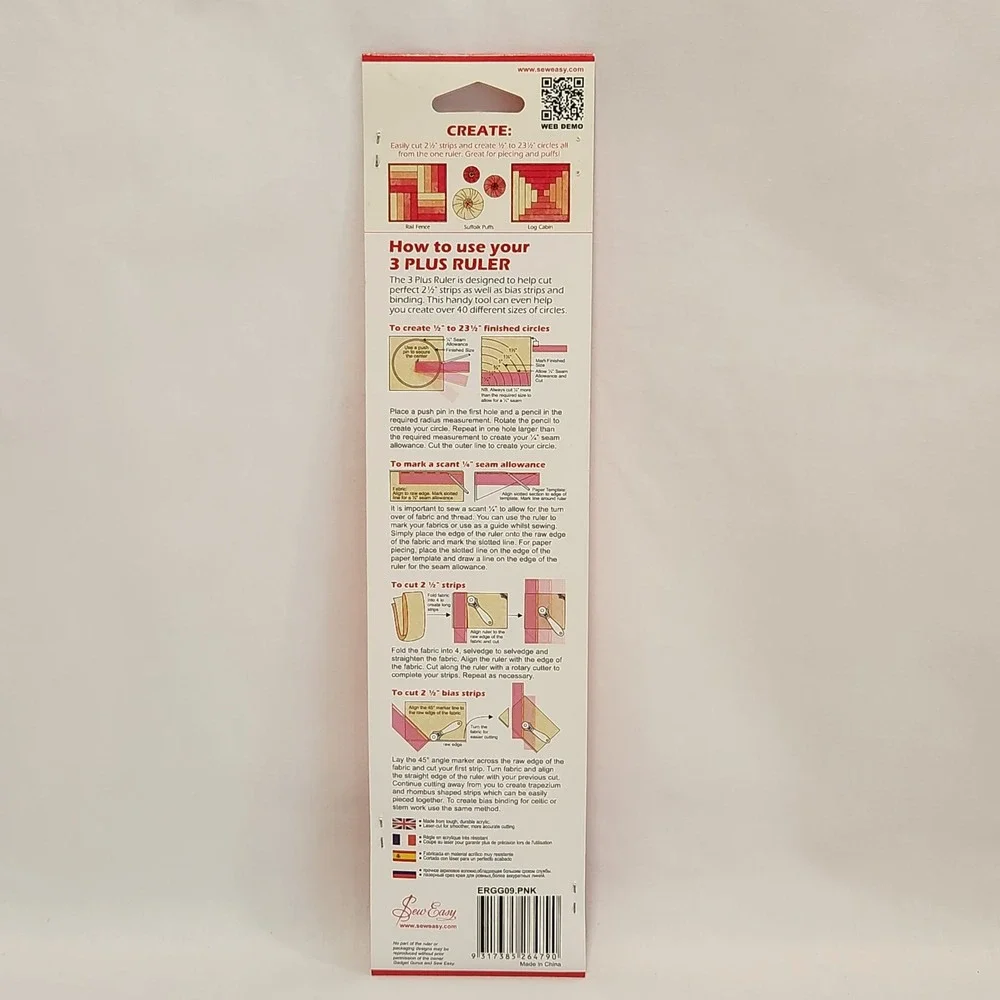 Sew Easy 3 Plus Ruler 12 x 2.5 Inch Pink Quilting Ruler for‎ Strips or Circles
